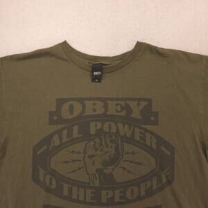 Obey Casual Crew Neck Long Sleeve Graphic T Shirt Mens Size Medium M Olive Green